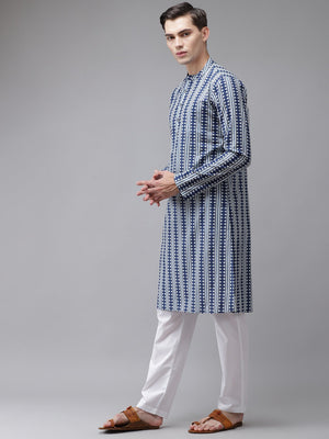 Buy Men's Blue Cotton Printed Kurta Pajama Set Online - Front