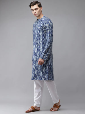 Buy Men's Blue Cotton Printed Kurta Pajama Set Online - Front