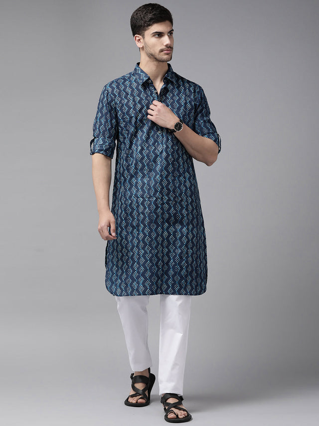 Buy Men's Indigo Pure Cotton Printed Pathani Set Online - Back