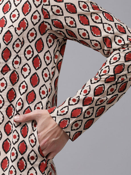 Buy Men's Beige Cotton Hand Block Printed Kurta Pajama Set Online - Zoom In