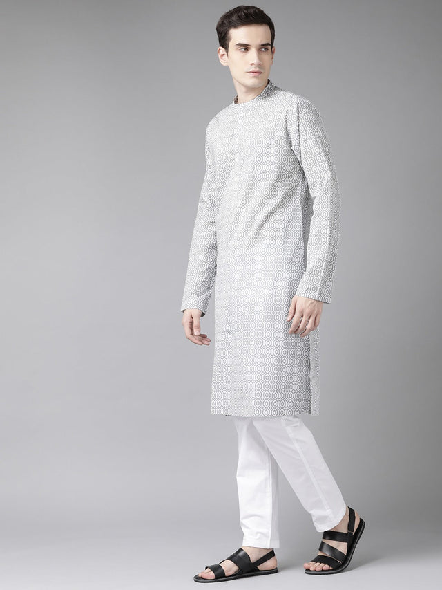 Buy Men's Grey Cotton Printed Kurta Pajama Set Online - Front