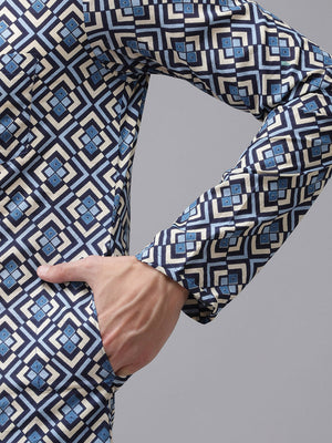 Buy Men's Blue Cotton Printed Straight Kurta Online - Zoom In