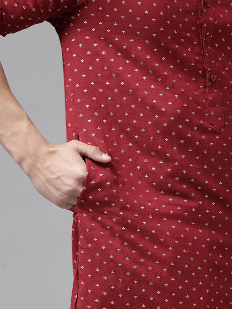 Buy Men's Maroon Pure Cotton Printed Pathani Set Online - Zoom In