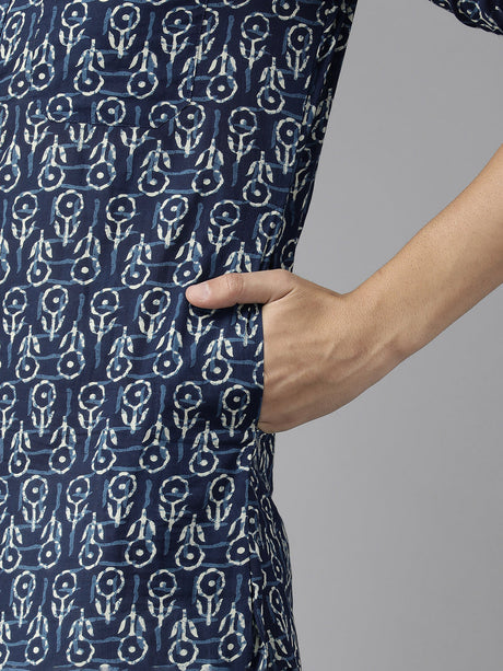 Buy Men's Indigo Pure Cotton Floral Printed Pathani Set Online - Zoom In