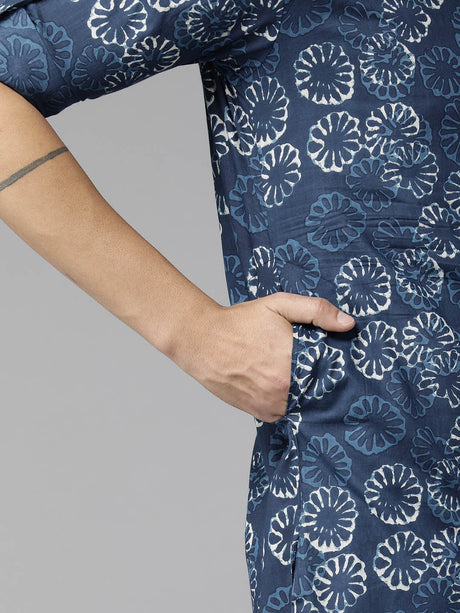 Buy Men's Indigo Pure Cotton Printed Pathani Set Online - Zoom In