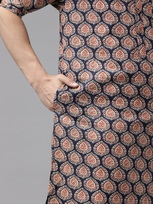 Buy Men's Blue Pure Cotton Motif Printed Pathani Set Online - Zoom In