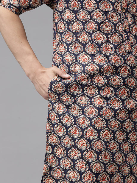 Buy Men's Blue Pure Cotton Motif Printed Pathani Set Online - Zoom In