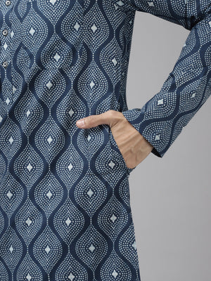Buy Men's Blue Cotton Printed Straight Kurta Online - Side