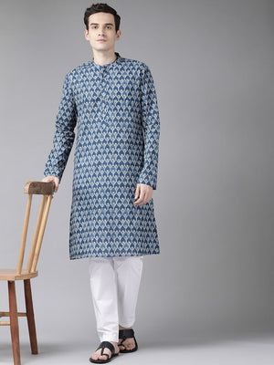 Buy Men's Blue Cotton Printed Kurta Pajama Set Online
