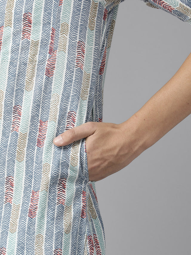 Buy Men's Multi Pure Cotton Chevron Printed Pathani Set Online - Zoom In