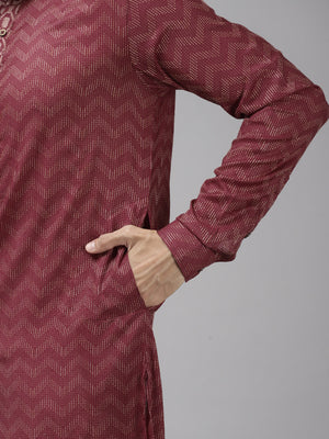 Buy Men's Burgundy Cotton Woven Thread Work Straight Kurta Online - Side
