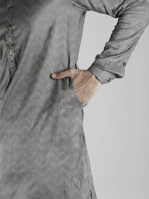 Buy Men's Grey Cotton Woven Thread Work Straight Kurta Online - Side
