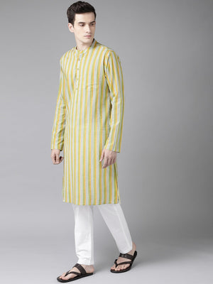 Buy Men's Yellow Cotton Stripe Printed Kurta Pajama Set Online - Front