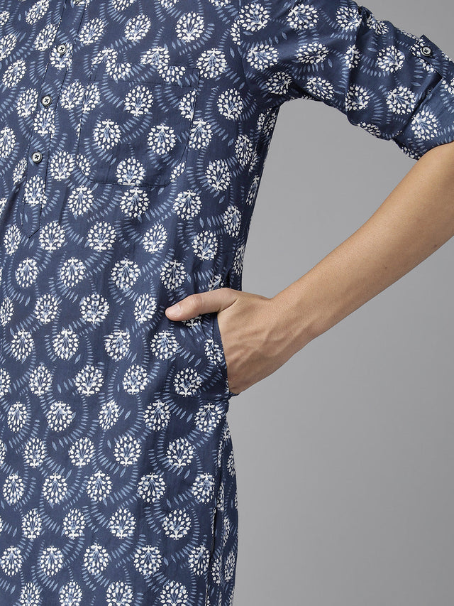 Buy Men's Indigo Pure Cotton Printed Pathani Set Online - Zoom In