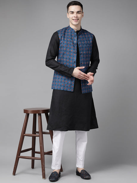 Buy Men's Black Pure Cotton Printed Kurta Pajama Jacket Set Online - Zoom In
