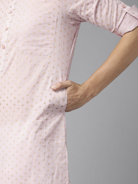 Buy Men's Baby Pink Pure Cotton Printed Pathani Set Online - Zoom In