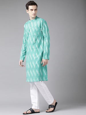 Buy Men's Turquoise Blue Cotton Printed Kurta Pajama Set Online - Front