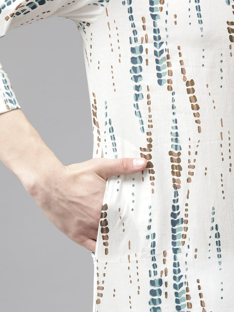 Buy Men's White Pure Cotton Printed Kurta Pajama Set Online - Zoom In