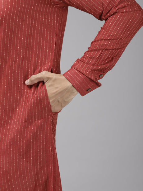 Buy Men's Maroon Cotton Woven Thread Work Straight Kurta Online - Side