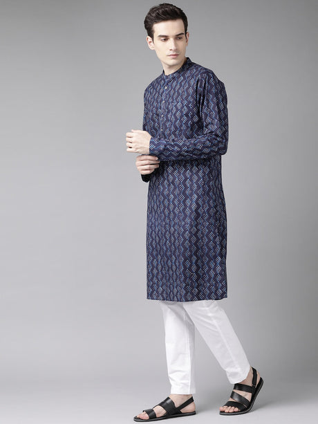 Buy Men's Blue Cotton Printed Kurta Pajama Set Online - Back