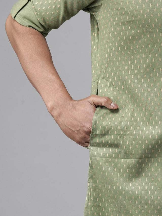 Buy Men's Olive Pure Cotton Printed Pathani Set Online - Zoom In