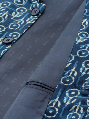 Buy Men's Navy Pure Cotton Printed Kurta Pajama Jacket Set Online - Zoom Out