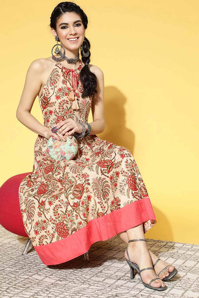 Beige Pure Cotton Floral Print Dress