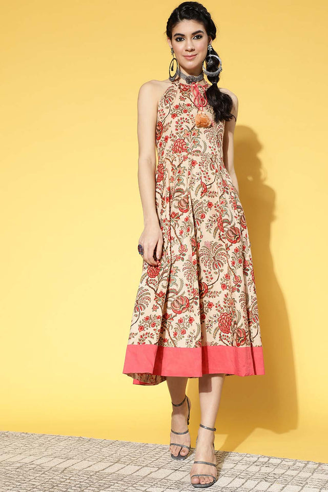 Beige Pure Cotton Floral Print Dress