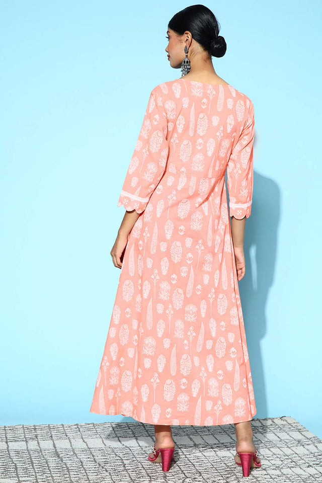 Peach Pure Cotton Thread Tassel And Lace Dress (9585DRSPC)
