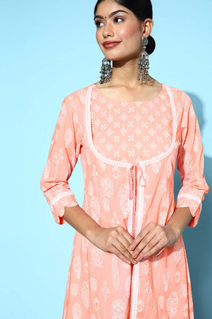 Peach Pure Cotton Thread Tassel And Lace Dress (9585DRSPC)