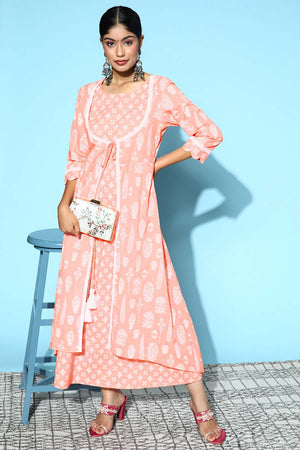 Peach Pure Cotton Thread Tassel And Lace Dress (9585DRSPC)