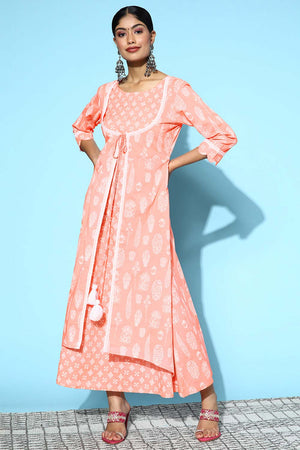Peach Pure Cotton Thread Tassel And Lace Dress (9585DRSPC)