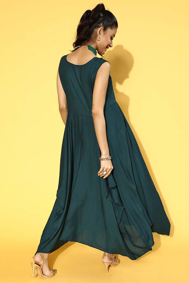 Teal Green Viscose Rayon Solid Dress