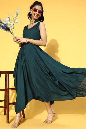 Teal Green Viscose Rayon Solid Dress