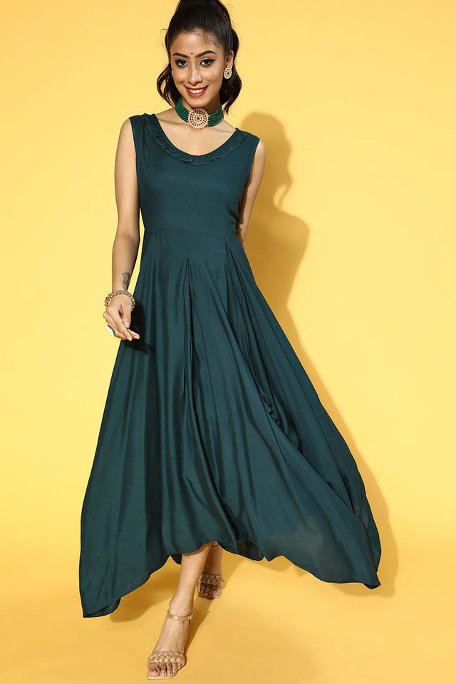 Teal Green Viscose Rayon Solid Dress