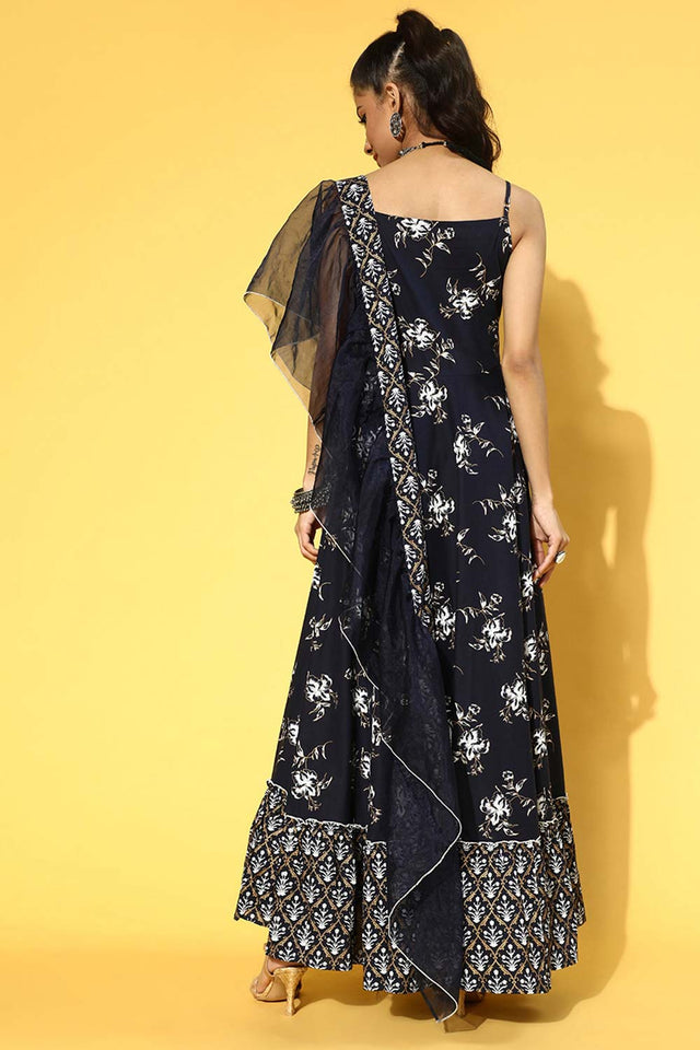 Navy Blue Pure Cotton Ethnic Motifs Dress