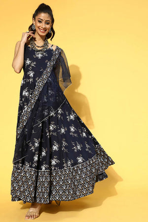 Navy Blue Pure Cotton Ethnic Motifs Dress