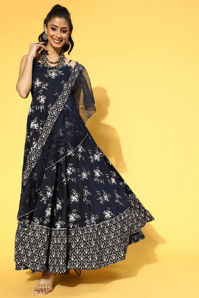 Navy Blue Pure Cotton Ethnic Motifs Dress