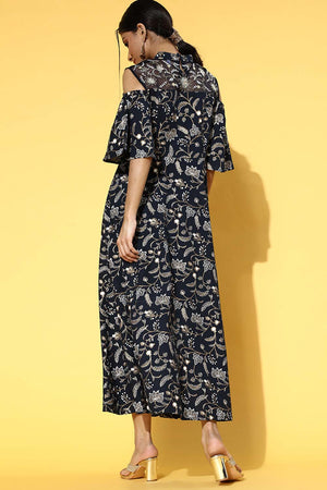 Navy Blue Pure Cotton Embroidered Dress