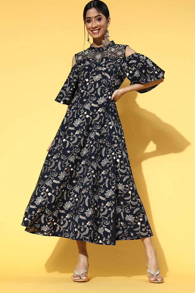 Navy Blue Pure Cotton Embroidered Dress