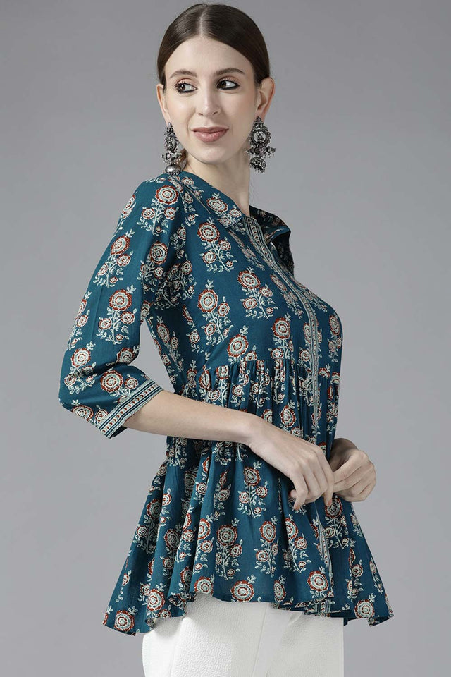 Blue Pure Cotton Screen Print(Floral) Top