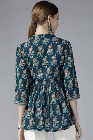 Blue Pure Cotton Screen Print(Floral) Top