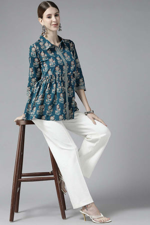 Blue Pure Cotton Screen Print(Floral) Top