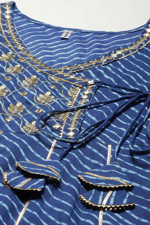 Blue Pure Cotton Embroidered and Bijia Lace And Mirror And Gotta Dress (9778DRSBL)