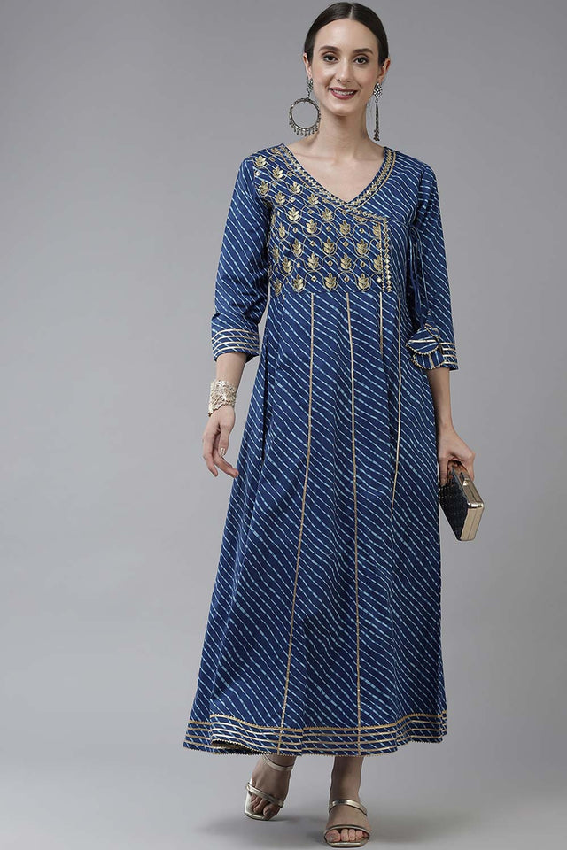 Blue Pure Cotton Embroidered and Bijia Lace And Mirror And Gotta Dress (9778DRSBL)