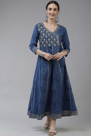 Blue Pure Cotton Embroidered and Bijia Lace And Mirror And Gotta Dress (9778DRSBL)