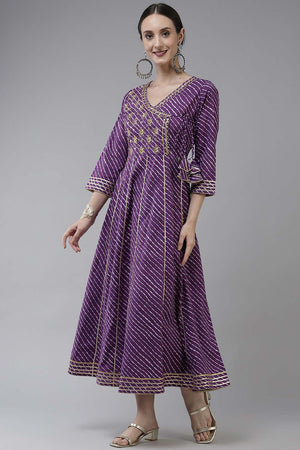 Purple Pure Cotton Embroidered and Bijia Lace And Mirror And Gotta Dress (9778DRSPR)