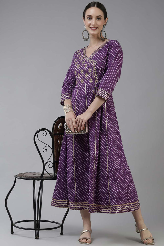 Purple Pure Cotton Embroidered and Bijia Lace And Mirror And Gotta Dress (9778DRSPR)