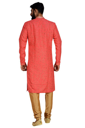 Men's Dhupion Art Silk Printed Kurta With Pajama In Red