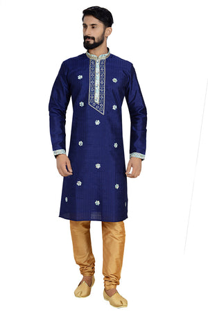 Men's Dhupion Art Silk Printed Kurta With Pajama In Blue